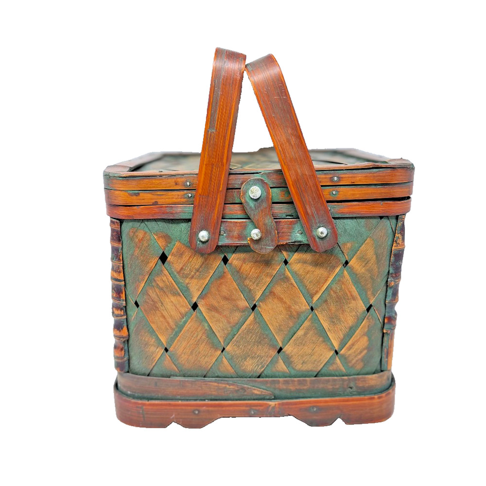Vintage Woven Bamboo Picnic Basket Green Brown Diamond Crosshatch Patina